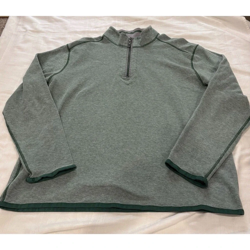 Tommy Bahama Men’s Quarter Zip Pullover Green Gray Long Sleeve Golf Sweater